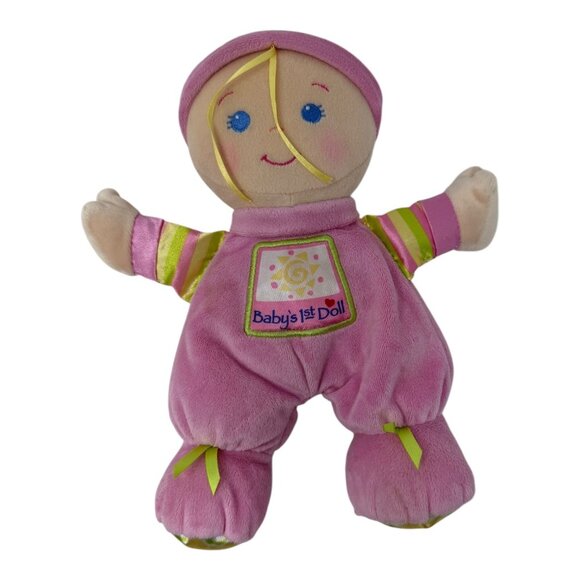 Fisher Price Babys 1st Doll Plush Stuffed Toy Sewn Eyes Rattle Pink Green Toy - Picture 2 of 8